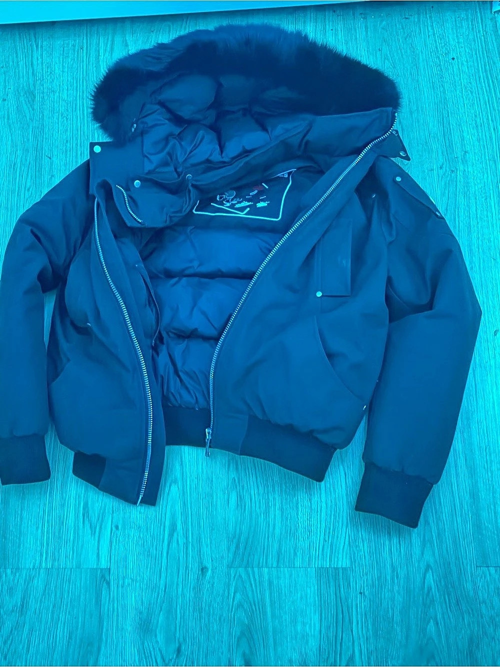 Moose Knuckles Bomber Fur-Trimmed Puffer in Black Medium Like New